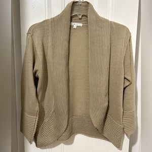 Cleo Open Front Knit Cardigan Shrug Made in USA Beige Tan Size S Curved Hem